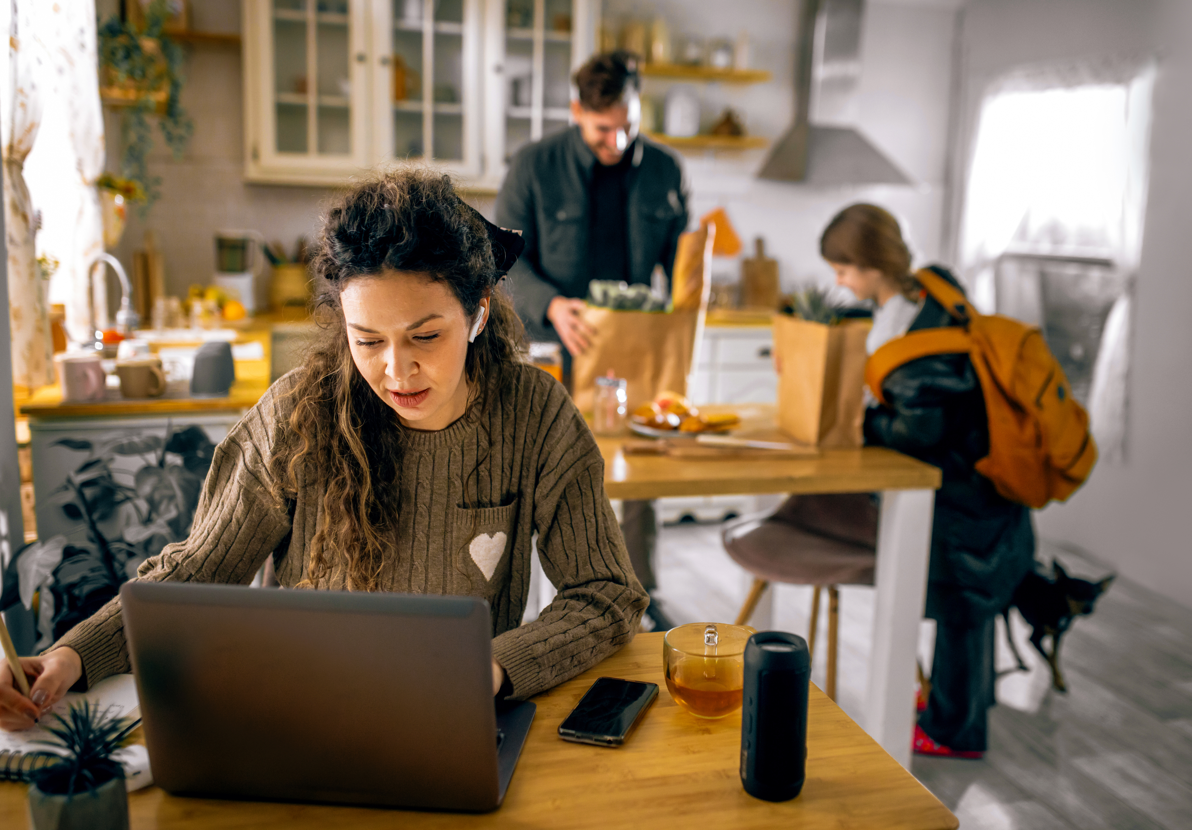 Portrayal of Capella University student on a laptop in her kitchen with family in the background.